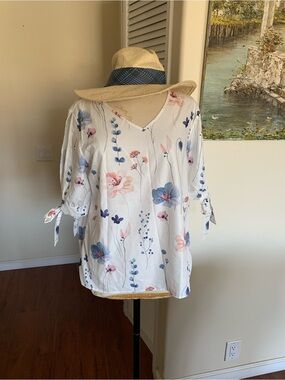 White Floral V-Neck Blouse with Blue and Pink Blooms